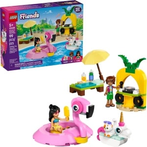LEGO 42658 Friends Unicorn & Flamingo Pool Party box and built set