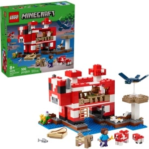 LEGO 21270 Minecraft The Mooshroom House box and built set