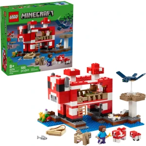 LEGO 21270 Minecraft The Mooshroom House box and built set